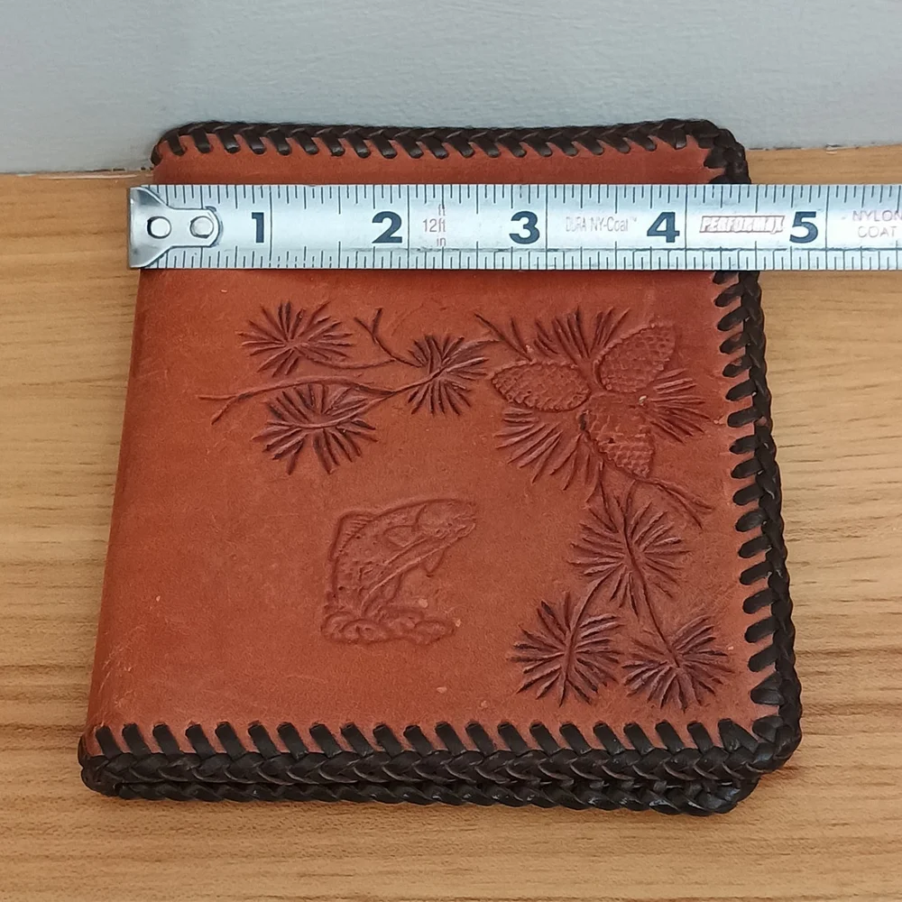 Vintage Hand Tooled Brown Leather Wallet Fish Wolf Pine Whip Stitched Western
